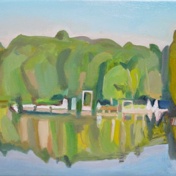 Oil on canvas painting showing distant buildings by a lake on Mt. Gretna by Martha Armstrong