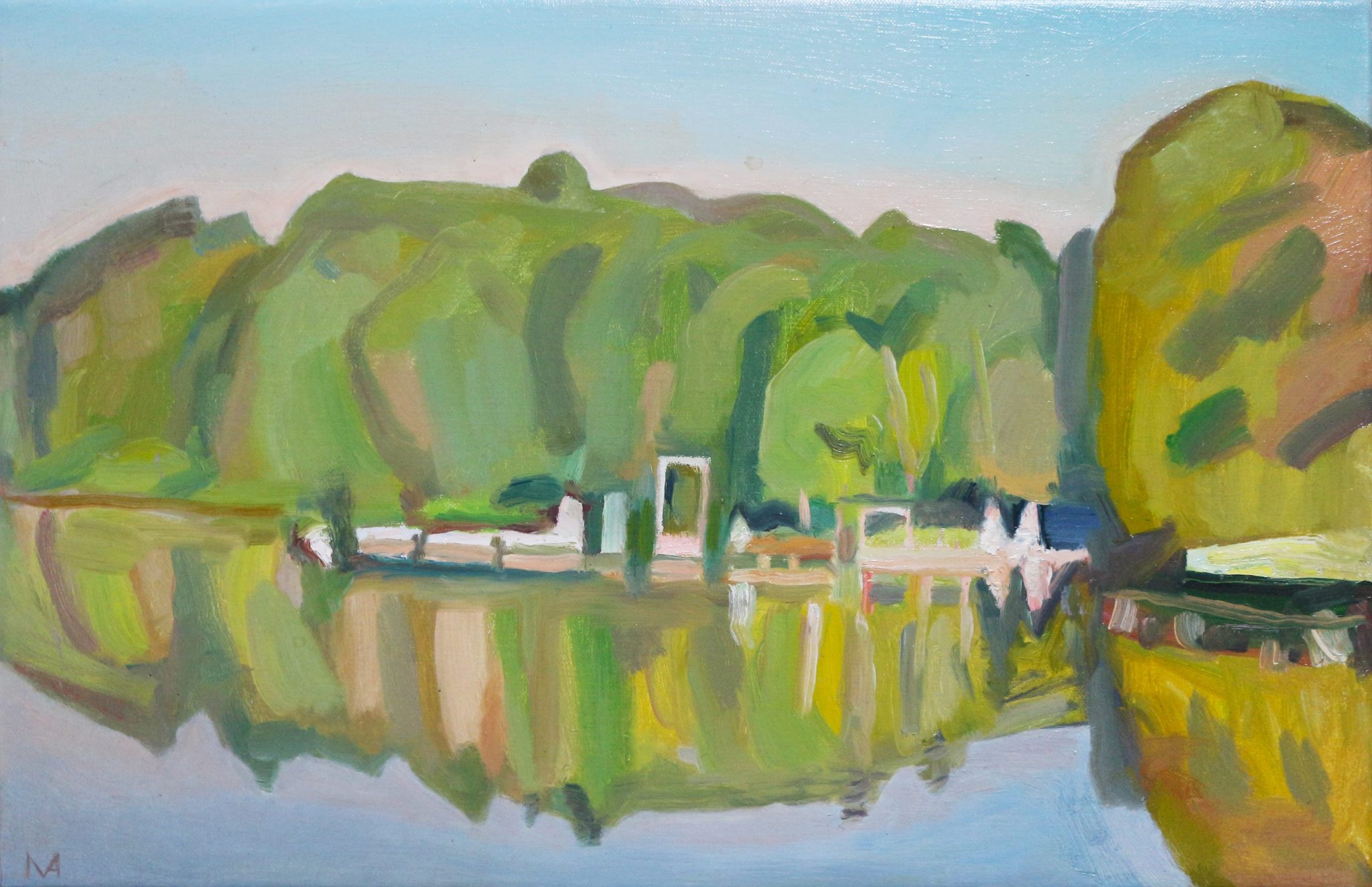 Oil on canvas painting showing distant buildings by a lake on Mt. Gretna by Martha Armstrong