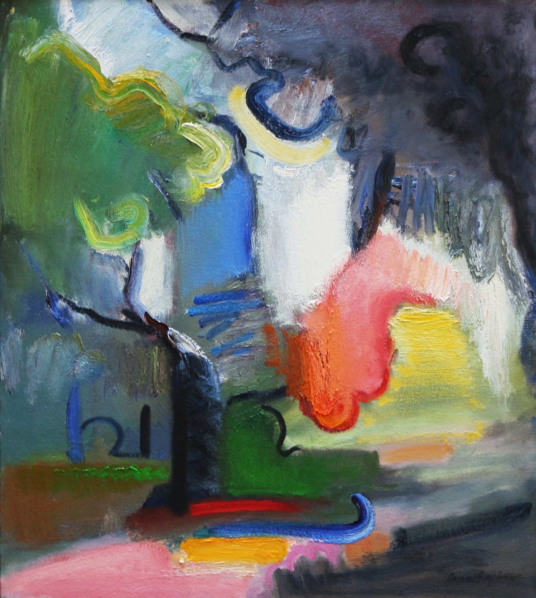 Oil on canvas painting by Daniel Bayless showing an artistic view of a tree after the rain