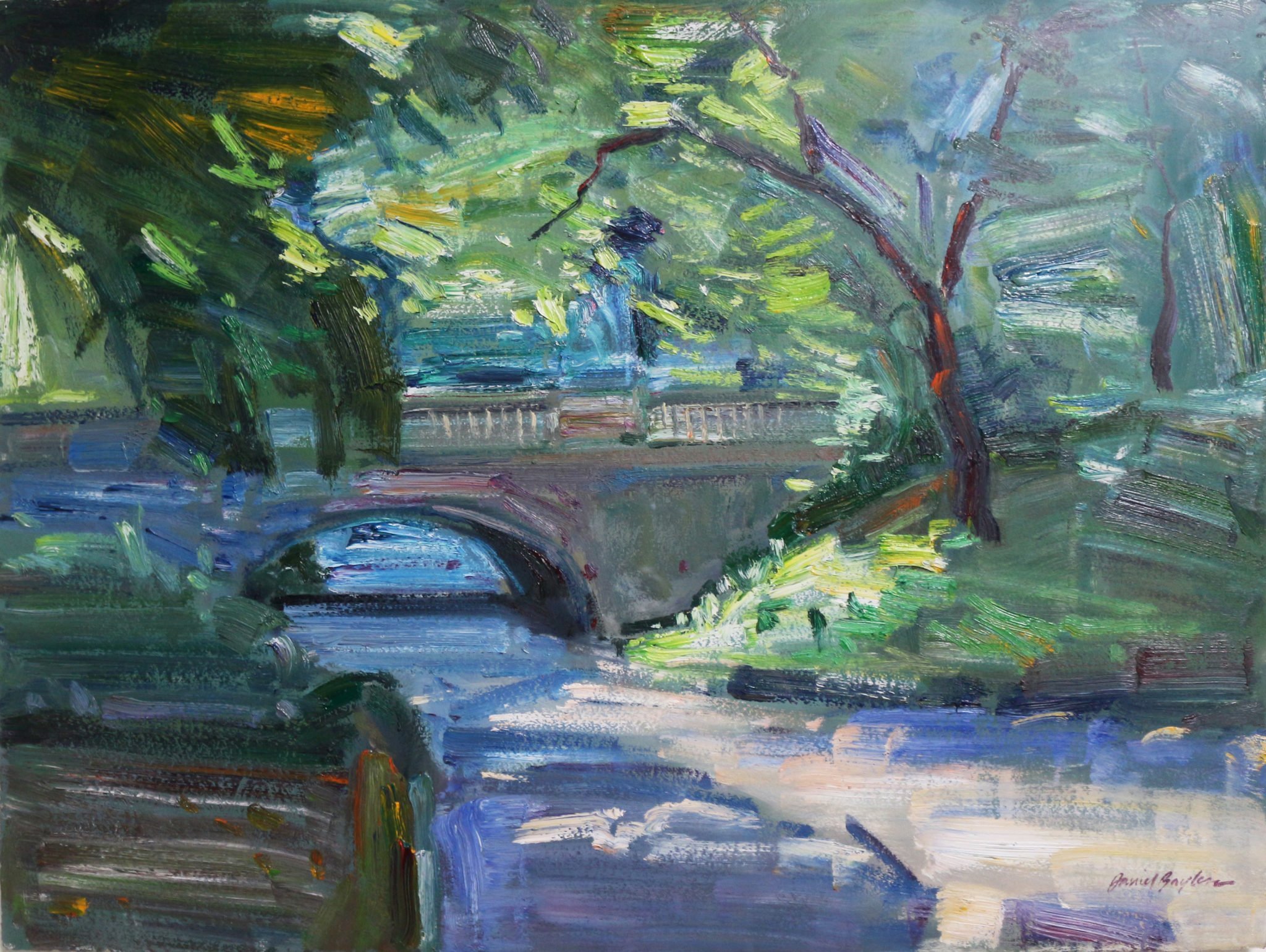 Oil on paper painting of a bridge in Central Park over a relaxing stream by Daniel Bayless