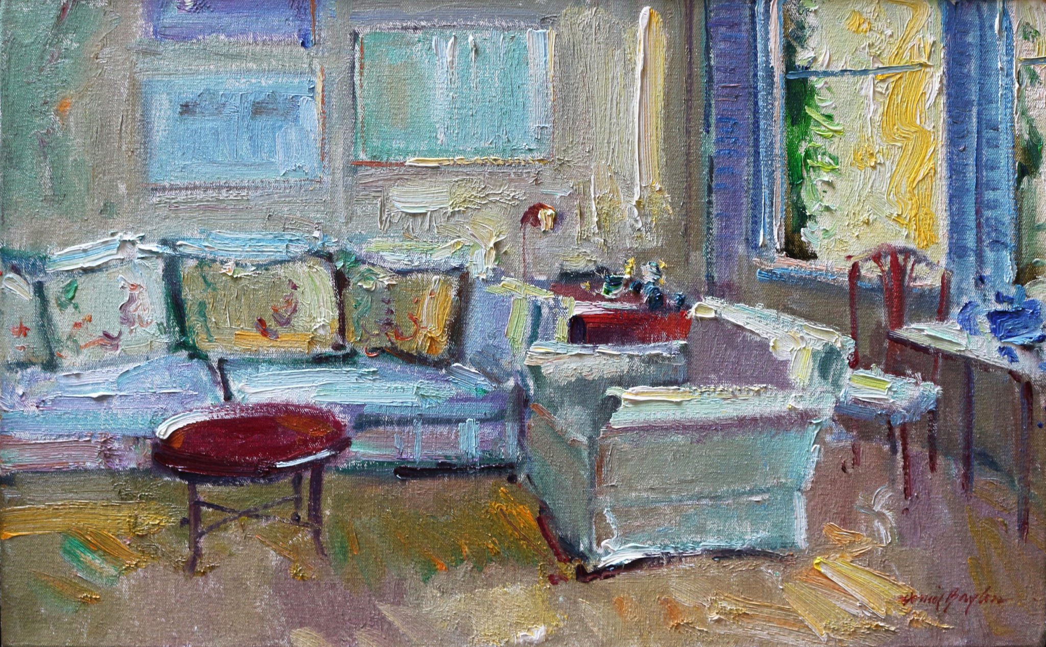 Oil on canvas painting of a living room receiving the light of morning by Daniel Bayless