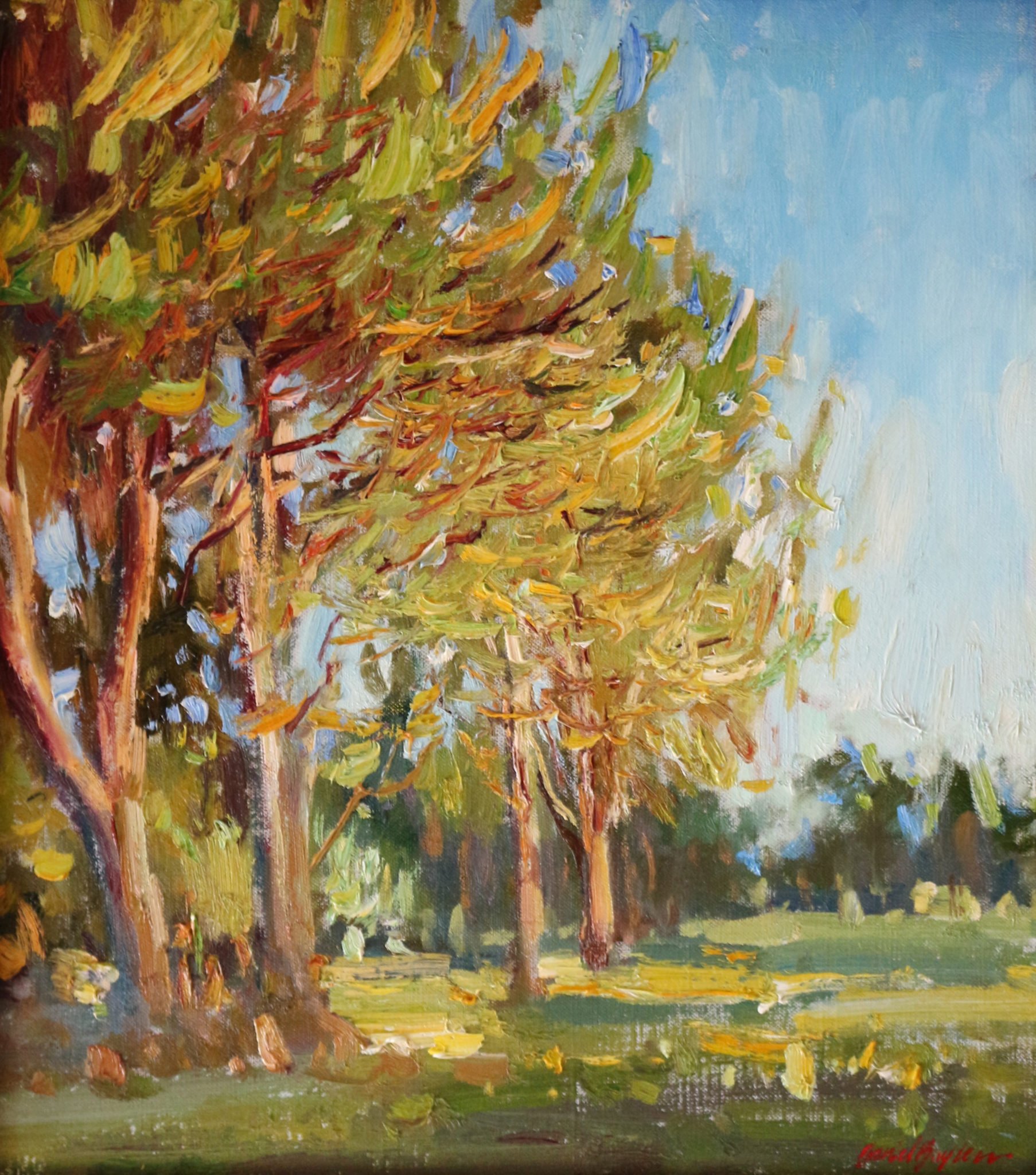 Oil on canvas painting of the evening sun illuminating the trees of Paso Robles by Daniel Bayless