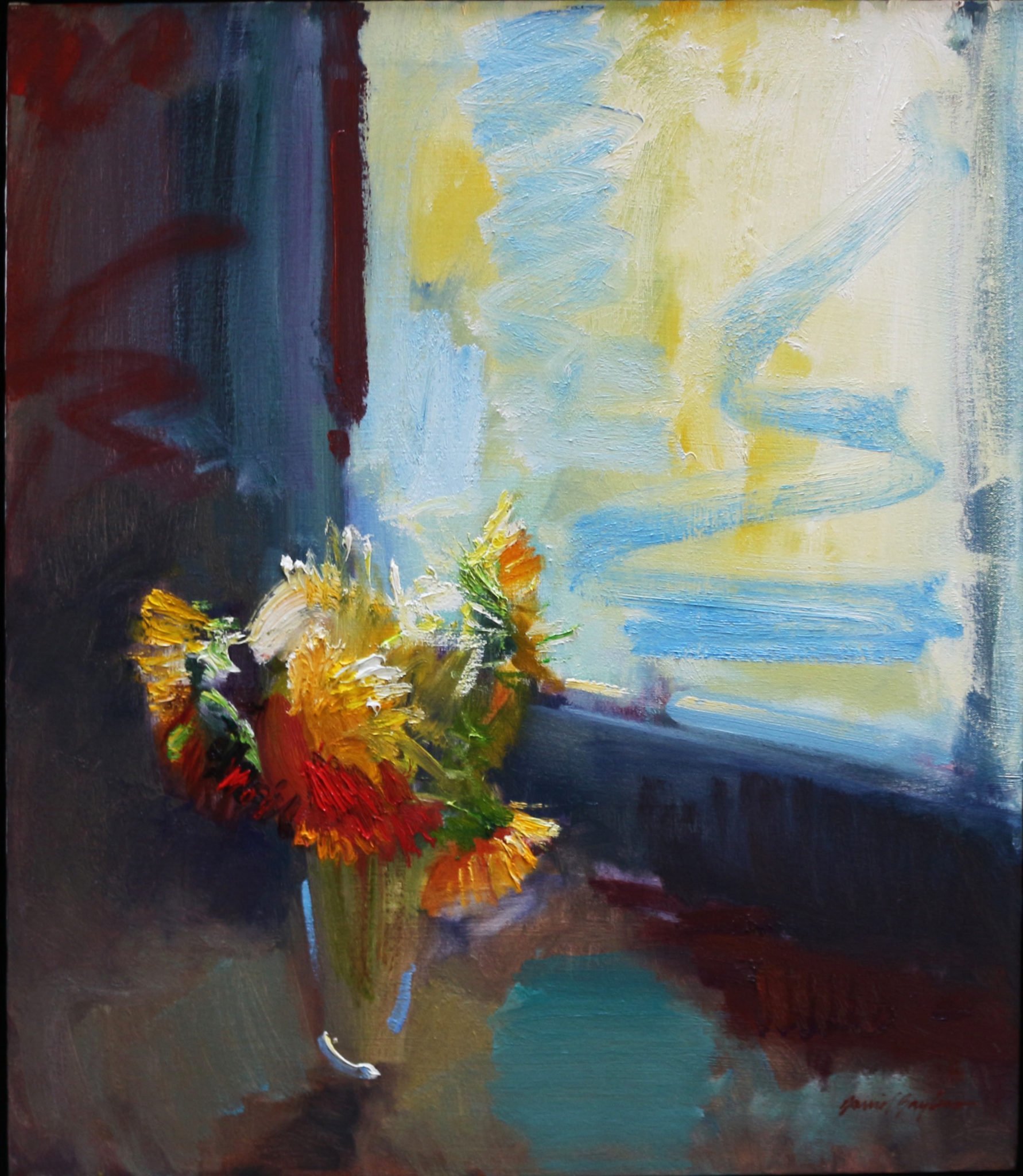 Oil on canvas painting of a vase of flowers sitting beside a window by Daniel Bayless