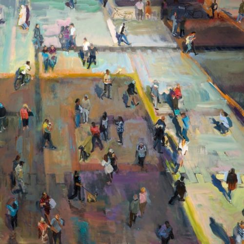 Acrylic on canvas painting of a crowd in Munich by Grant Drumheller