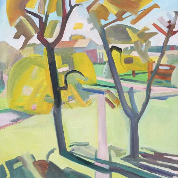 Oil on canvas painting showing a pair of trees near a community by Martha Armstrong