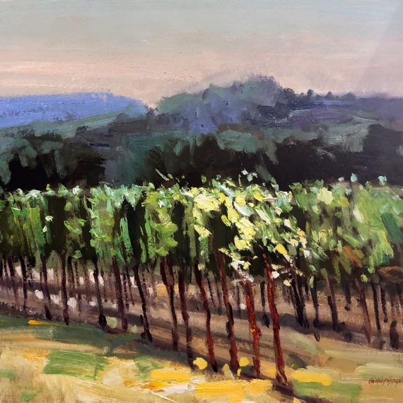 Oil on paper painting of trees planted in a row at dusk by Daniel Bayless