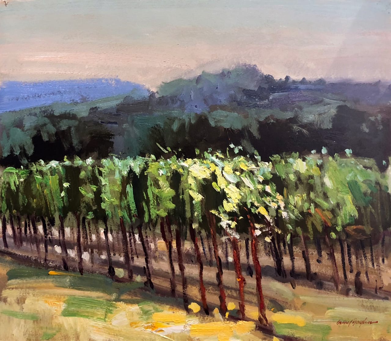 Oil on paper painting of trees planted in a row at dusk by Daniel Bayless