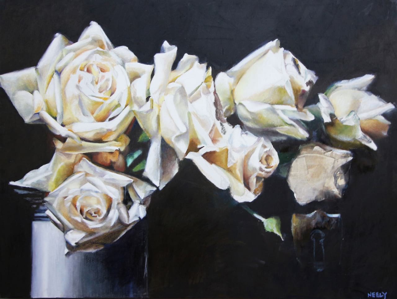 Oil pastel on canvas painting of white flowers by Stephanie Neely